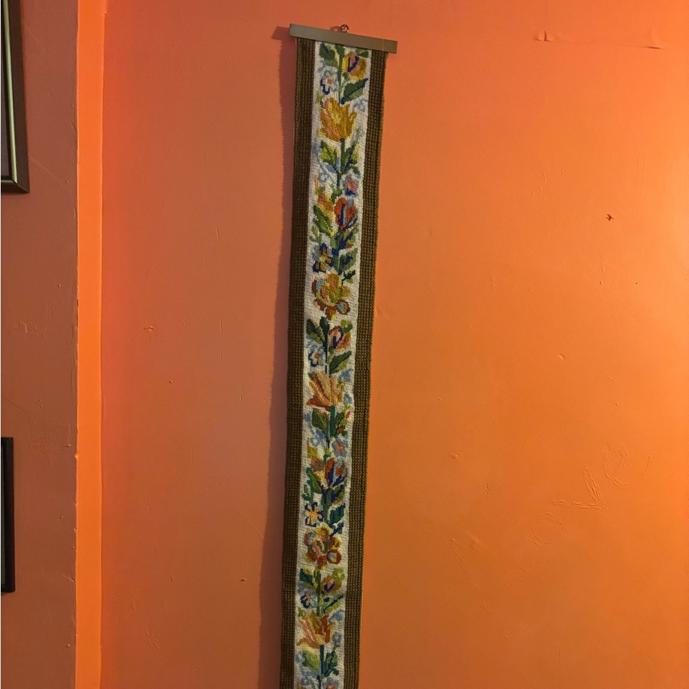 Vintage Multicoloured Floral Embroidered Bell Pull 48 x 6 W/Brass Ends